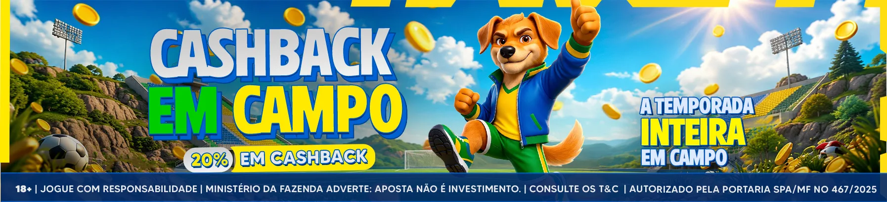 Banner da Tivo Bet com a promocao Cashback em Campo e a faixa da autorizacao SPA/MF no 467/2025